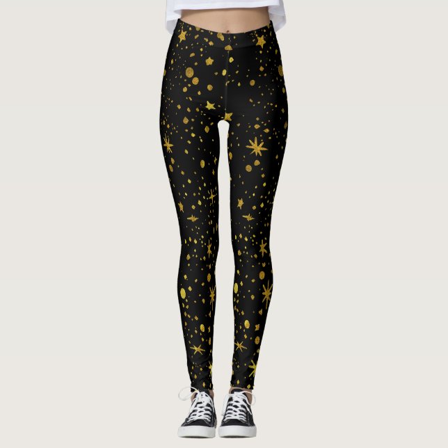 Modern Black Gold Stars Pattern Abstract Yoga Leggings (Front)