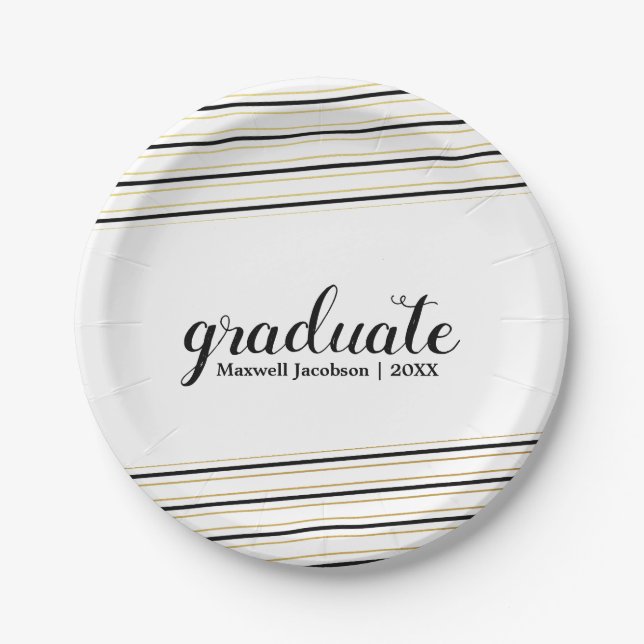 Modern Black & Gold Stripe Graduation Party Plates (Front)