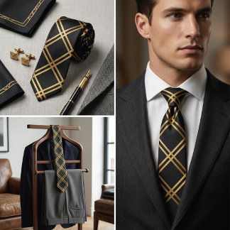 Modern Black Gold Striped Grid Pattern Men's Tie