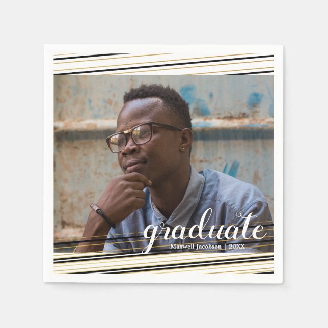 Modern Black & Gold Stripes Graduate Party Napkins (Front)