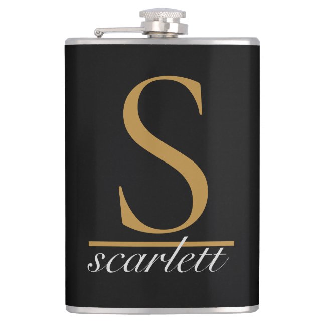 Modern Black Gold Stylish Monogram Girly Script Hip Flask (Front)