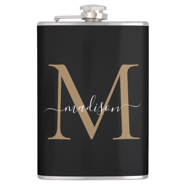 Modern Black Gold Stylish Monogram Girly Script Hip Flask (Front)