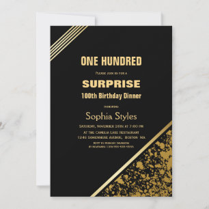 Modern Black Gold Surprise 100th Birthday Dinner Invitation