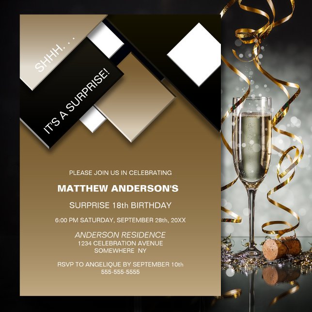 Modern Black Gold Surprise 18th Birthday Party Invitation (Creator Uploaded)