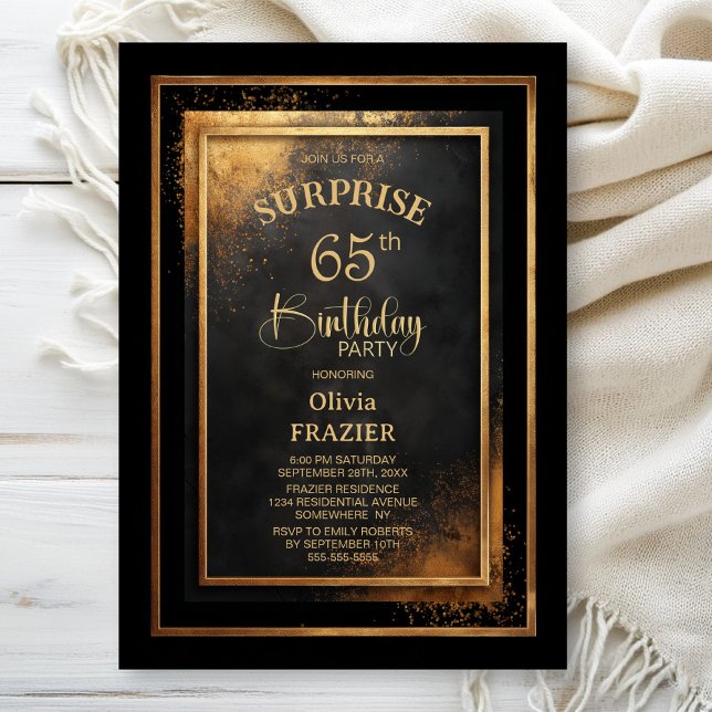 Modern Black Gold Surprise 65th Birthday Party Invitation (Creator Uploaded)