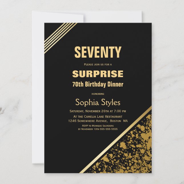 Modern Black Gold Surprise 70th Birthday Dinner Invitation (Front)