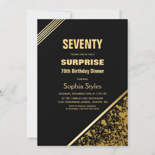 Modern Black Gold Surprise 70th Birthday Dinner Invitation