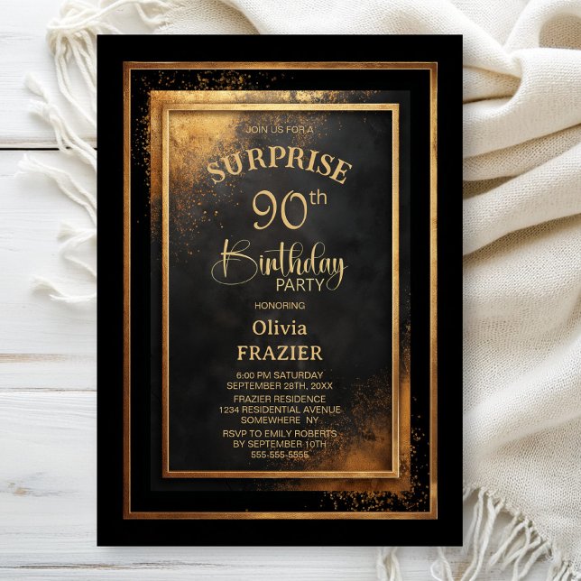 Modern Black Gold Surprise 90th Birthday Party Invitation (Creator Uploaded)