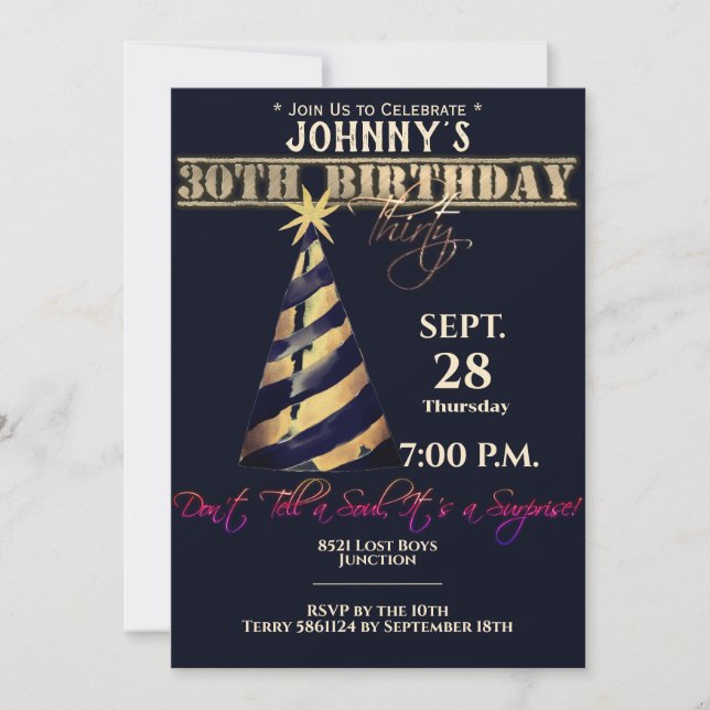 Modern Black Gold Surprise Thirty Invitation (Front)