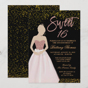 Modern Black & Gold Sweet Sixteen 16 Birthday Invitation