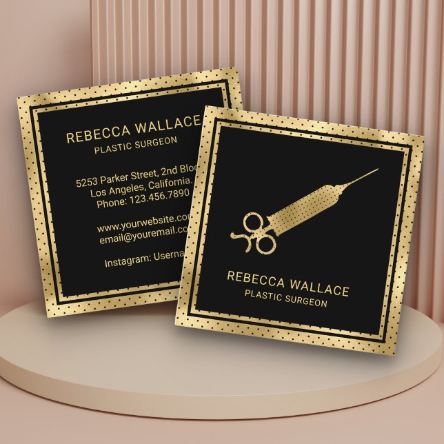 Modern Black Gold Syringe Plastic Surgeon Doctor Square Business Card (Creator Uploaded)