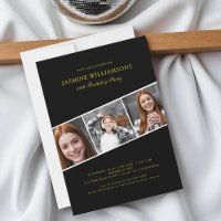 Modern black gold three photo collage birthday