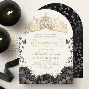 Modern Black Gold Tiara Crown Quinceanera Invitation
