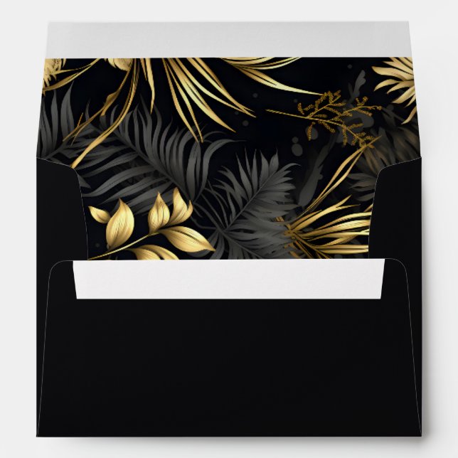 Modern Black Gold Tropical Leaves Wedding Envelope (Back (Bottom))