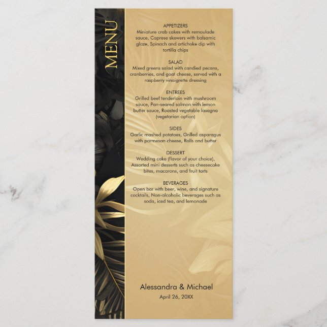 Modern Black Gold Tropical Leaves Wedding Menu (Front)
