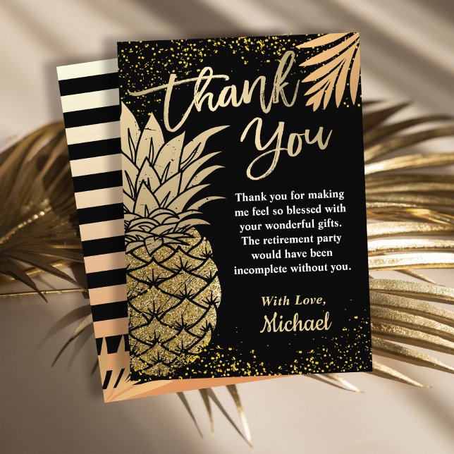 Modern Black Gold Tropical Pineapple Beach Party Thank You Card (Creator Uploaded)