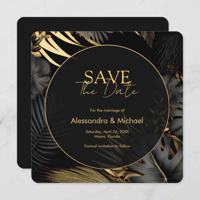 Modern Black Gold Tropical Wedding Save The Date Invitation (Front/Back)