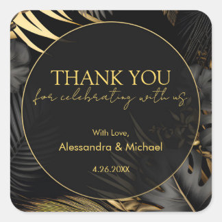 Modern Black Gold Tropical Wedding Thank You Square Sticker