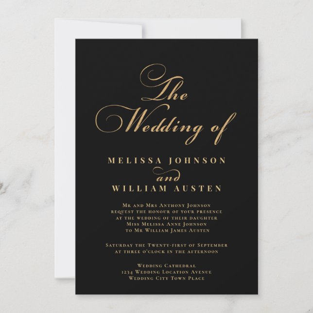 Modern Black Gold Typography Wedding Invitation (Front)