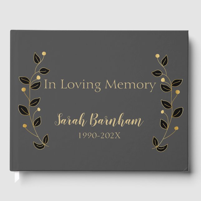 Modern Black & Gold Vines Memorial Guest Book (Front)