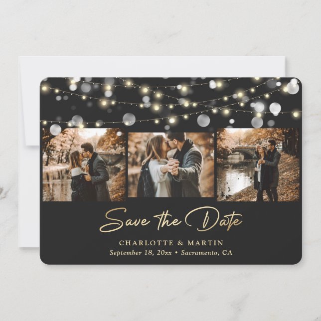 Modern Black Gold Wedding 3 Photo Save The Date (Front)