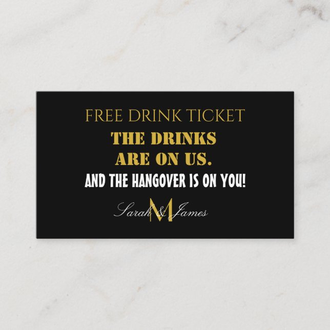 Modern Black & Gold Wedding Drink Voucher Card (Front)