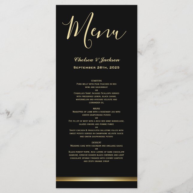 Modern Black Gold Wedding Menu (Front)