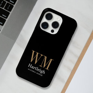 Modern Black Gold White Monogram Name iPhone 15 Pro Case