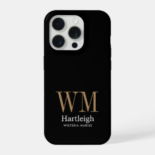 Modern Black Gold White Monogram Name iPhone 15 Pro Case