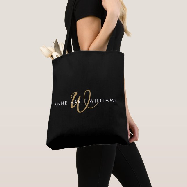 Modern Black Gold White Script Monogram Tote Bag (Close Up)