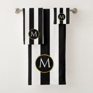 Modern Black Gold White stripes monogram Bath Towe Towel Set