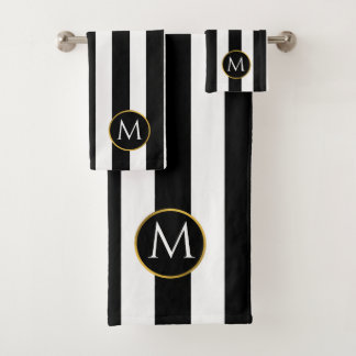 Modern Black Gold White stripes monogram Bath Towe Towel Set