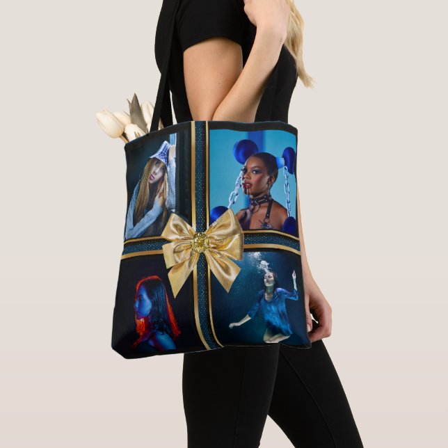 Modern black Golden Bow photo collage woman Tote Bag (Close Up)