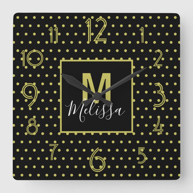 Modern Black Golden Circle Pattern Monogram Square Wall Clock (Front)