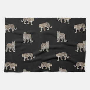 Modern Black Golden Leopard Jungle Animals Tea Towel