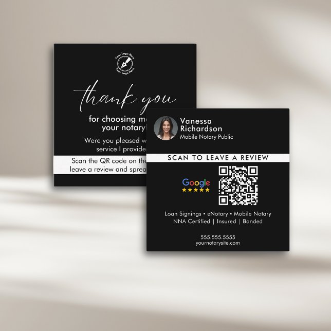Modern Black Google Review QR Notary Thank You Square Business Card (Creator Uploaded)