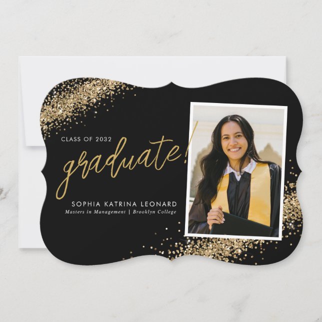 Modern Black Graduate Script Gold Photo Graduation Announcement (Front)
