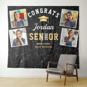 Modern Black Graduation 4 Photo Booth Backdrop Tapestry