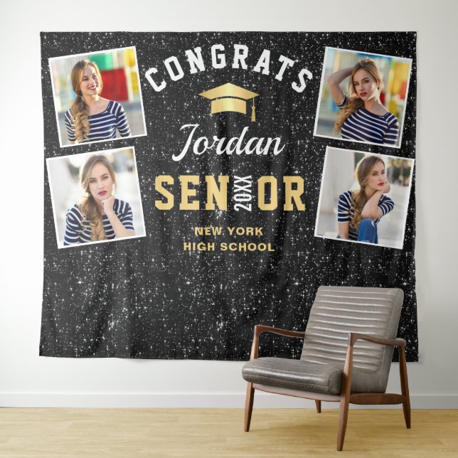 Modern Black Graduation 4 Photo Booth Backdrop Tapestry (In Situ (Horizontal))