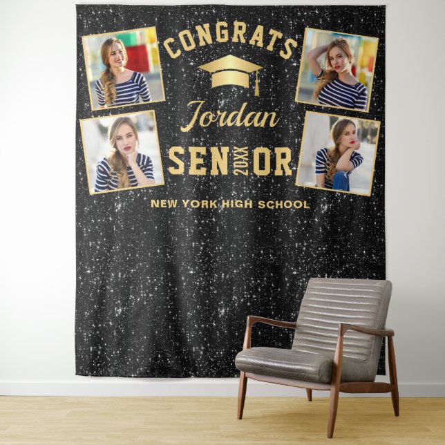 Modern Black Graduation 4 Photo Booth Backdrop Tapestry (In Situ)