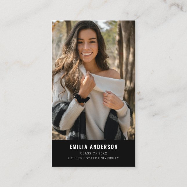 Modern Black Graduation Photo QR Code Info Calling Card (Front)