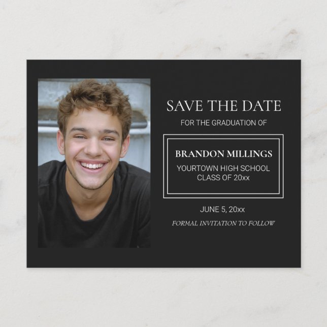 Modern Black Graduation Photo Save the Date Announcement Postcard (Front)