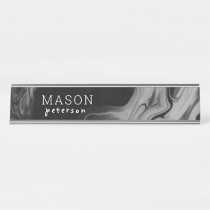 Modern Black Gray Abstract Liquid Marble Office Desk Name Plate