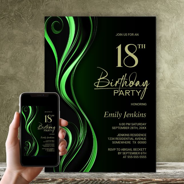 Modern Black Green 18th Birthday Party Invitation (Creator Uploaded)