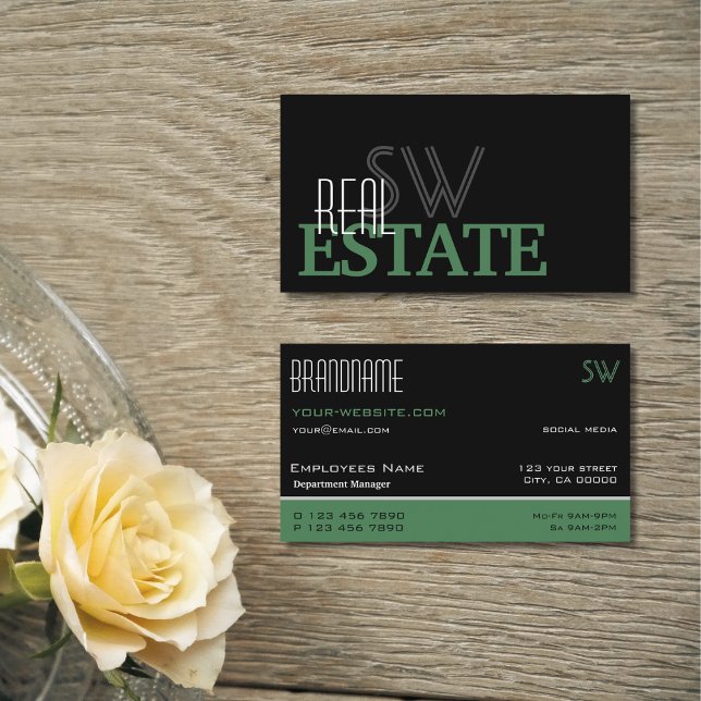 Modern Black Green and White Simple with Monogram Business Card (Creator Uploaded)