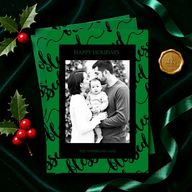 Modern Black & Green “Blessed” Script Photo Holiday Card (Modern Black & Green “Blessed” Script Photo Holiday Card)