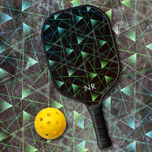  Modern Black Green Blue Cool Abstract Monogrammed Pickleball Paddle (Creator Uploaded)