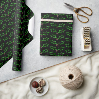 Modern Black Green Red Xmas Dark Holly Pattern Wrapping Paper