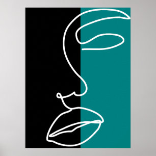 Modern Black, Green & White Facial Line Art Canvas Poster