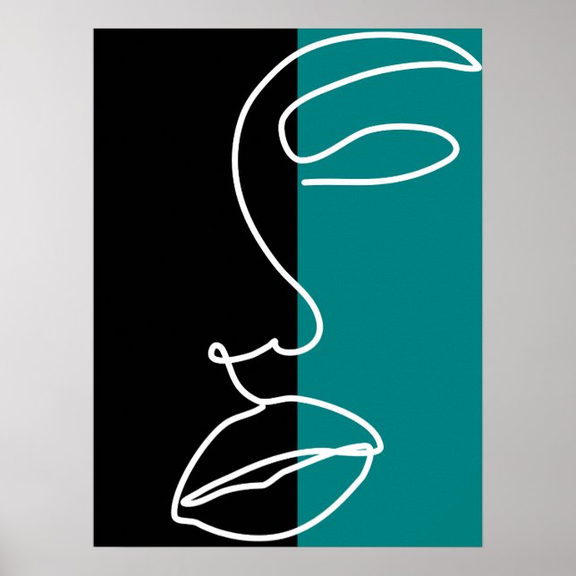 Modern Black, Green & White Facial Line Art Canvas Poster (Front)